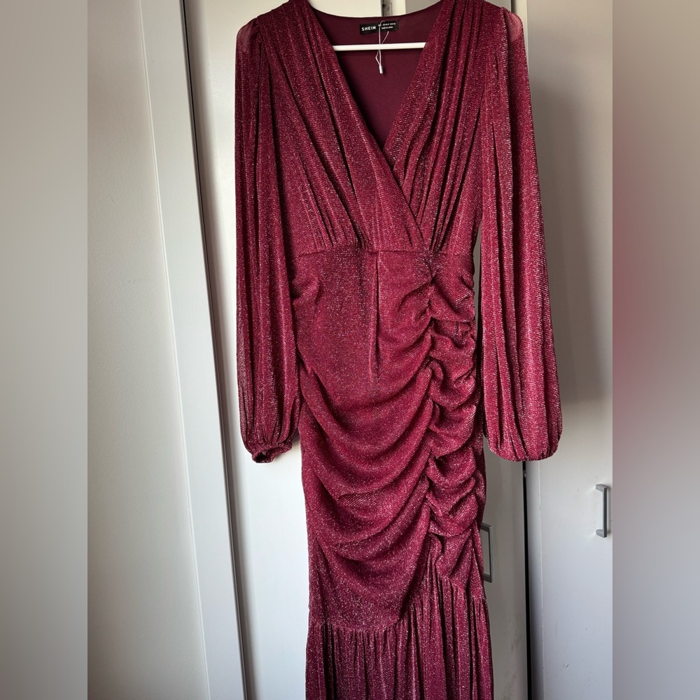 SHEIN Glittery Burgundy Long Sleeve Dress